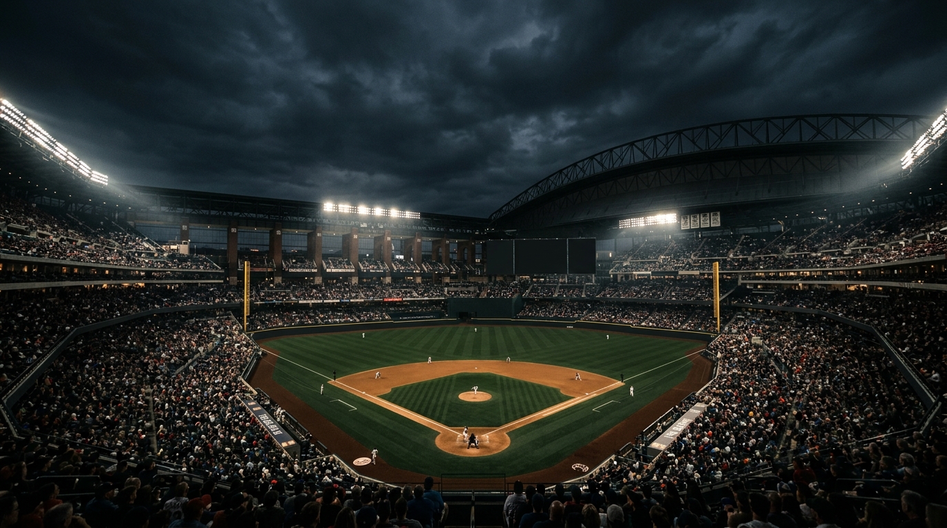 Photorealistic photo of a baseball stadium at night, wide shot with open space at the top for text, moody dark tones, dramatic lighting, 16:9 aspect ratio
