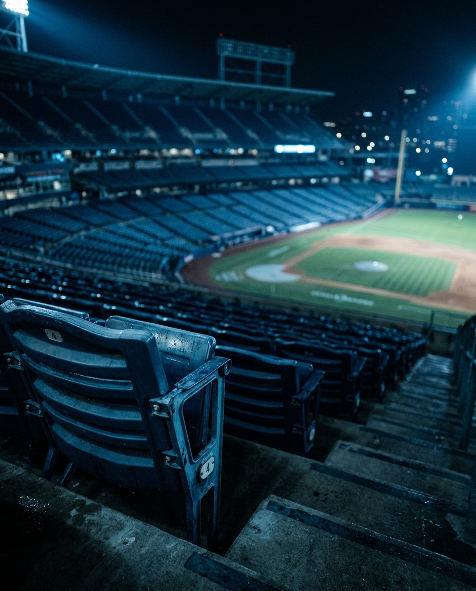 Cinematic film still of a baseball stadium at night, close-up detail with shallow depth of field, cool blue tones, quiet atmosphere, 4:5 aspect ratio