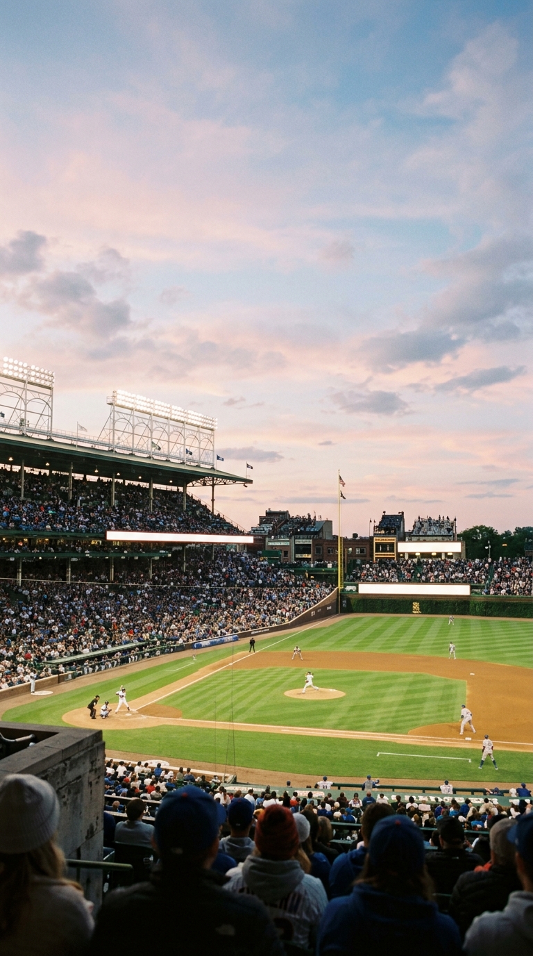 Cinematic film still of a baseball stadium at night, wide shot with open space at the top for text, soft pastel colors, bright and cozy, 9:16 aspect ratio