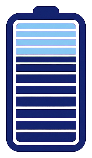 Icono de dos tonos, azul marino y azul claro de un icono de nivel de batería, PNG con fondo transparente