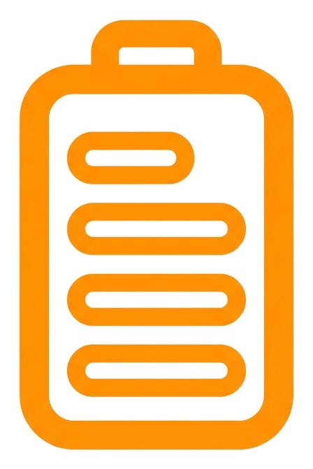 Rounded line icon, thick orange outline of a battery level icon, transparent background PNG