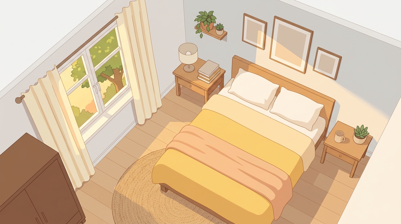 Minimal flat illustration of a calm bedroom with natural light, high-angle view from above, warm golden light, calm mood, 16:9 aspect ratio