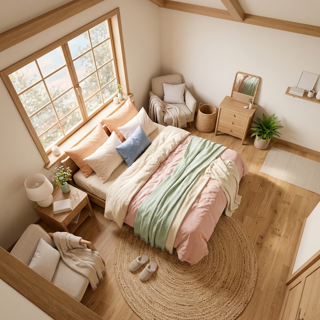 Soft 3d render of a calm bedroom with natural light, high-angle view from above, soft pastel colors, bright and cozy, 1:1 aspect ratio