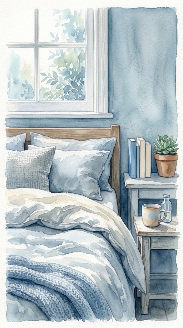 Watercolor illustration of a calm bedroom with natural light, close-up detail with shallow depth of field, cool blue tones, quiet atmosphere, 9:16 aspect ratio
