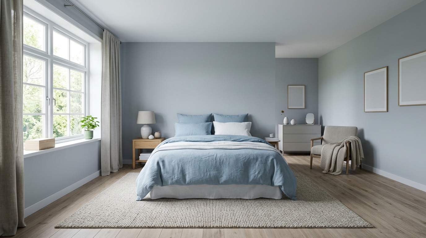 Photorealistic photo of a calm bedroom with natural light, wide shot with open space at the top for text, cool blue tones, quiet atmosphere, 16:9 aspect ratio