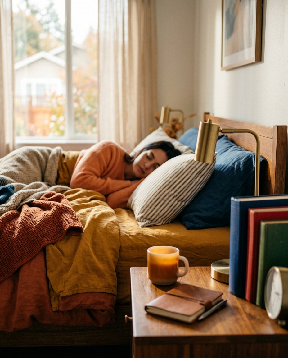 Cinematic film still of a calm bedroom with natural light, close-up detail with shallow depth of field, vivid colors, high contrast, energetic, 4:5 aspect ratio