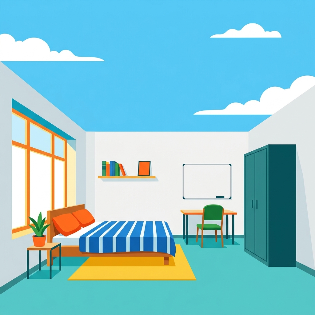 Minimal flat illustration of a calm bedroom with natural light, wide shot with open space at the top for text, vivid colors, high contrast, energetic, 1:1 aspect ratio