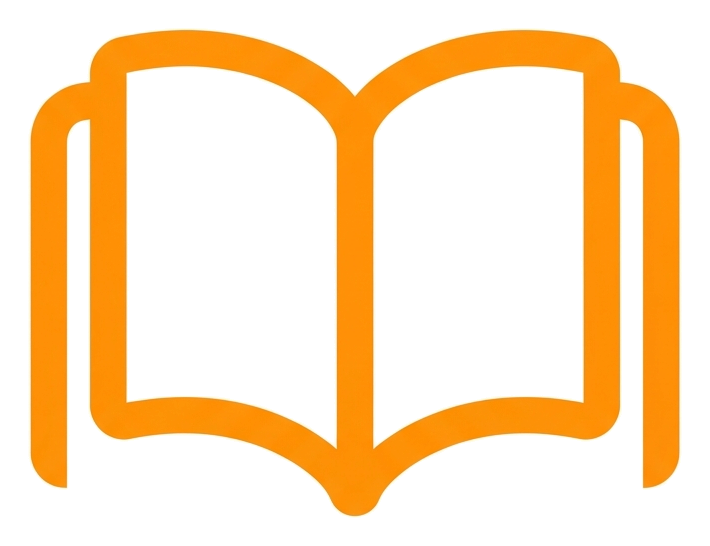 Rounded line icon, thick orange outline of an open book icon, transparent background PNG