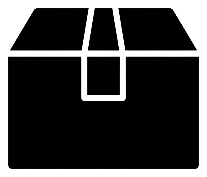 Bold black glyph icon, solid filled silhouette of a parcel box icon, transparent background PNG
