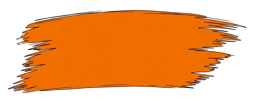 Thin pen line drawing of an orange wide horizontal paint brush stroke swatch to place text on, transparent background PNG