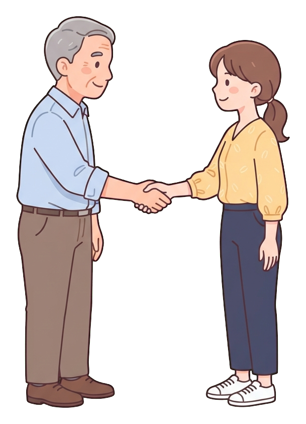 Simple cute flat cartoon illustration with soft pastel colors and thin clean dark outlines of two office workers, an older man and a young woman, shaking hands to make a deal, transparent background PNG