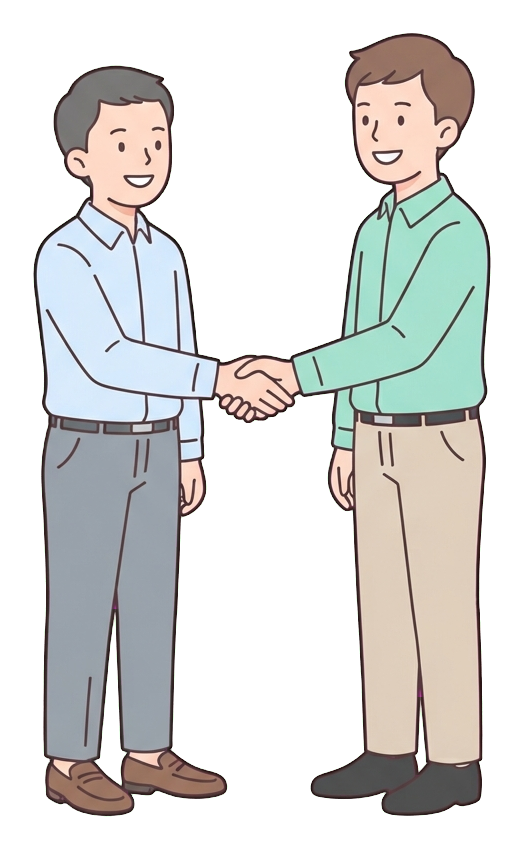 Simple cute flat cartoon illustration with soft pastel colors and thin clean dark outlines of two office workers, both men, shaking hands to make a deal, transparent background PNG