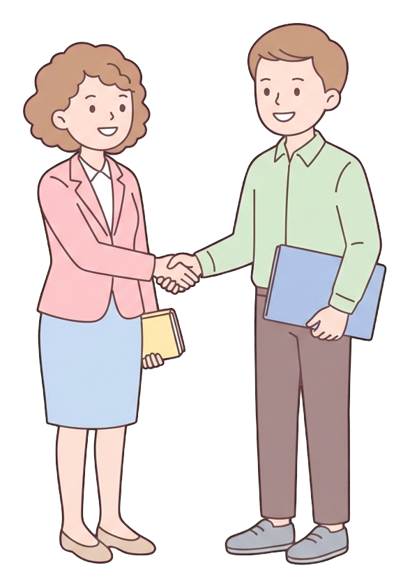 Simple cute flat cartoon illustration with soft pastel colors and thin clean dark outlines of two office workers, a woman and a man, shaking hands to make a deal, transparent background PNG