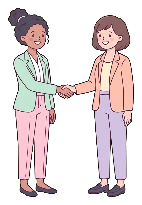 Simple cute flat cartoon illustration with soft pastel colors and thin clean dark outlines of two office workers, both women, shaking hands to make a deal, transparent background PNG