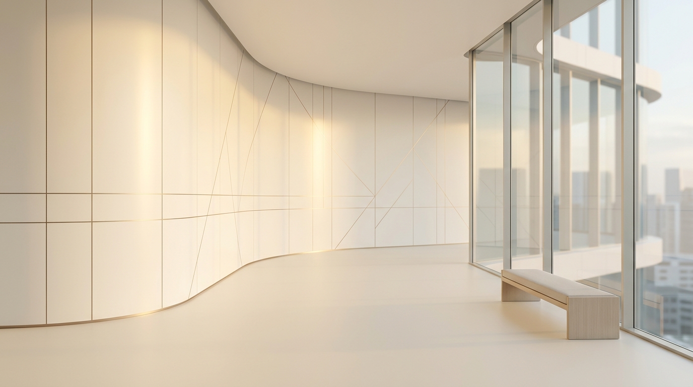 Minimal abstract design of modern corporate background with subtle geometric lines and empty space, simple balanced layout, warm golden light, calm mood, 16:9 aspect ratio