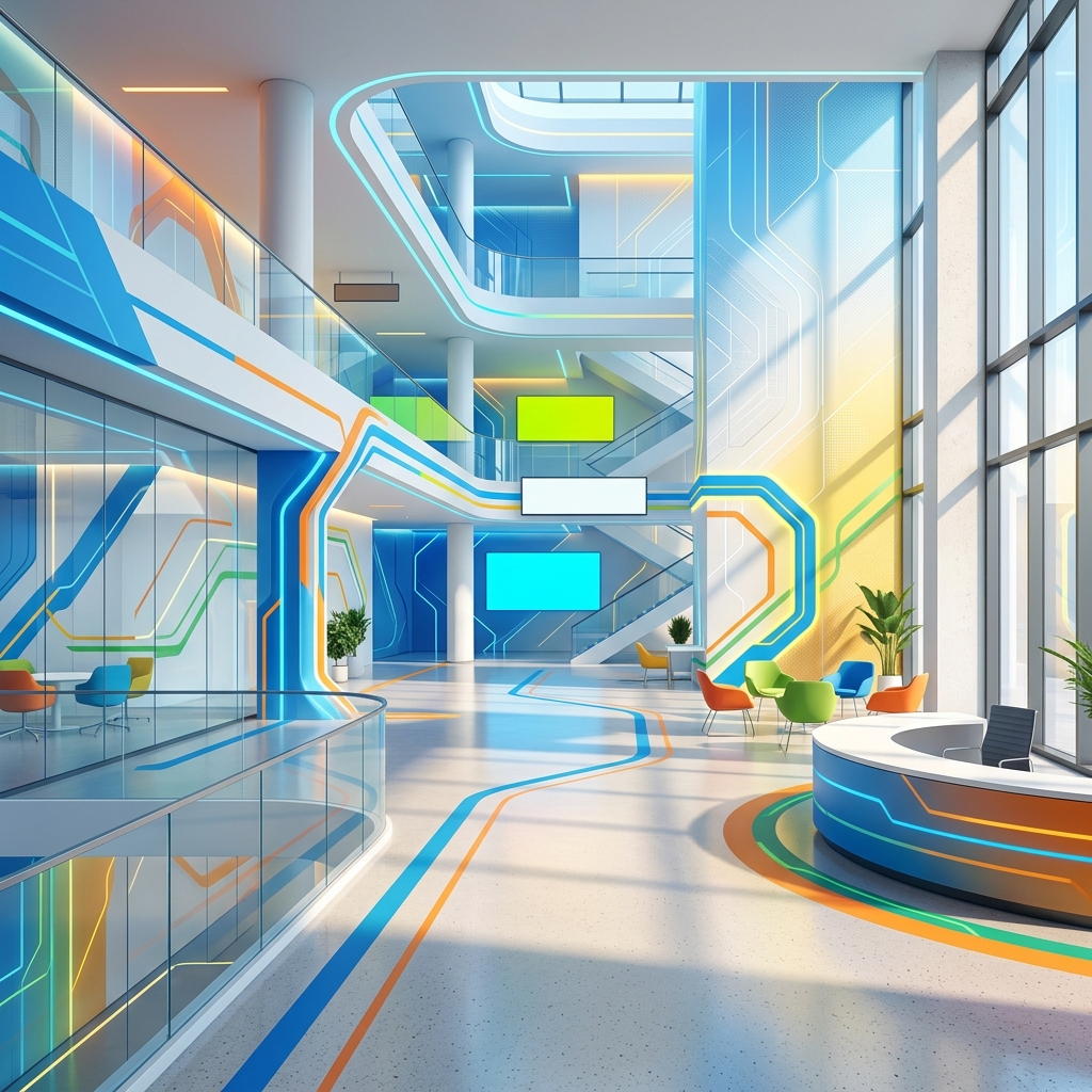Soft 3d render of modern corporate background with subtle geometric lines and empty space, simple balanced layout, vivid colors, high contrast, energetic, 1:1 aspect ratio