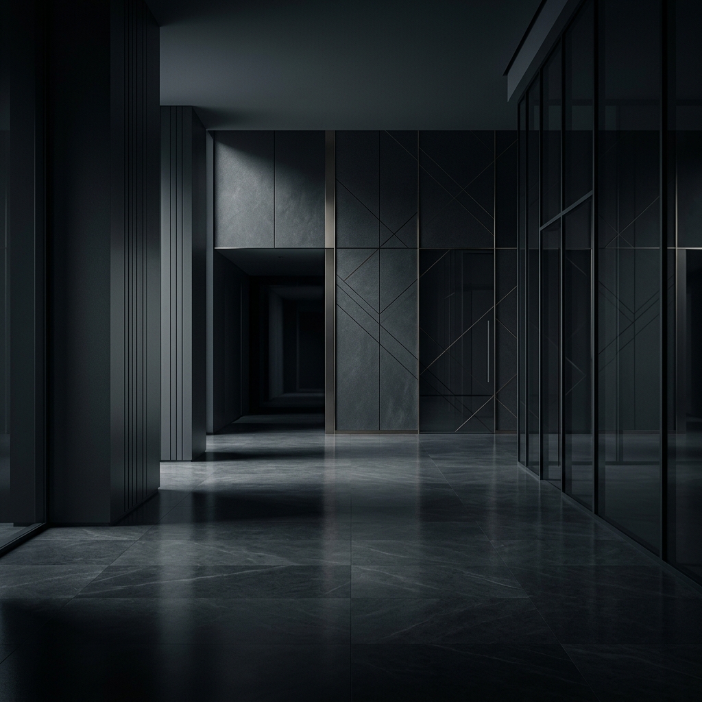 Minimal abstract design of modern corporate background with subtle geometric lines and empty space, simple balanced layout, moody dark tones, dramatic lighting, 1:1 aspect ratio