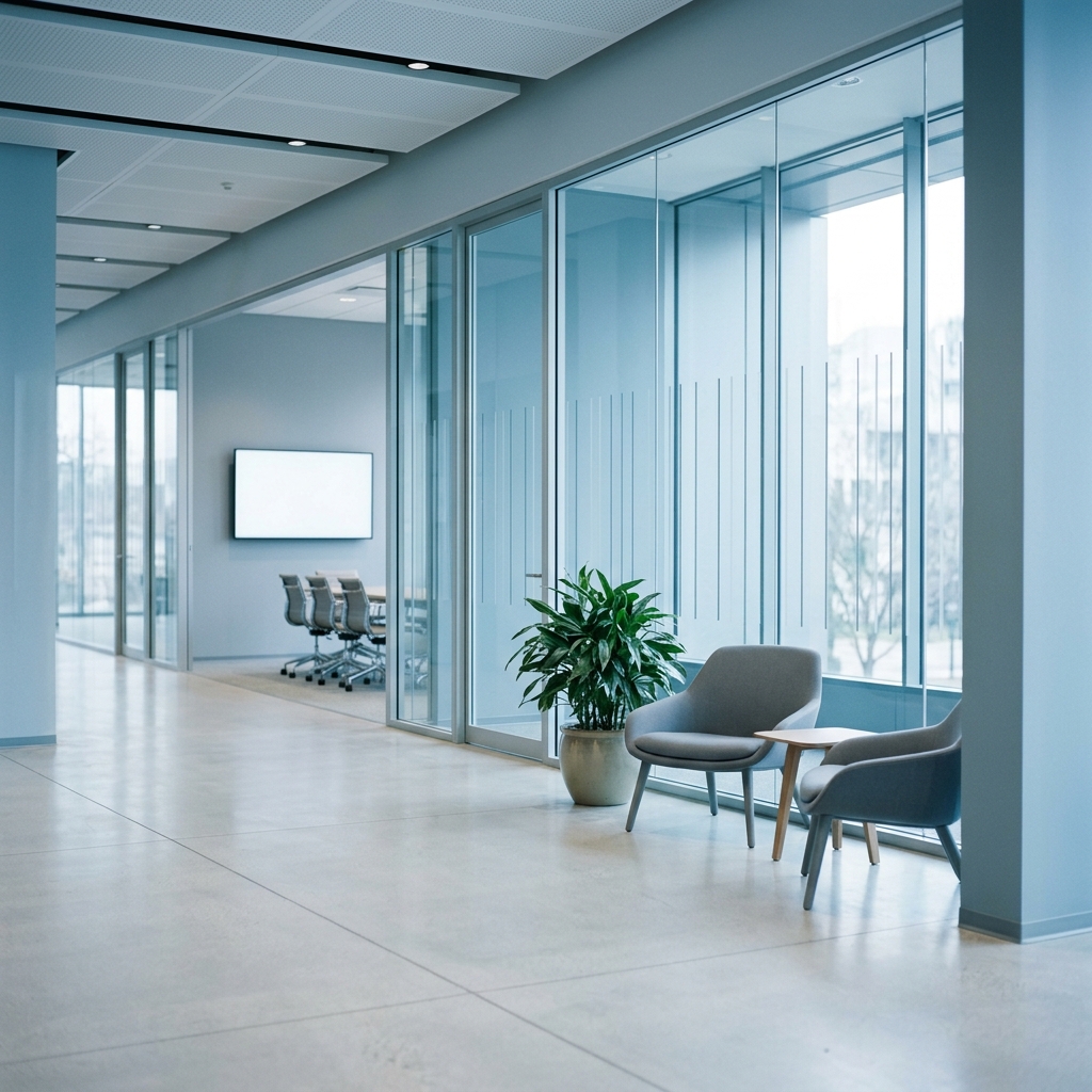 Soft photorealistic background photo of modern corporate background with subtle geometric lines and empty space, simple balanced layout, cool blue tones, quiet atmosphere, 1:1 aspect ratio
