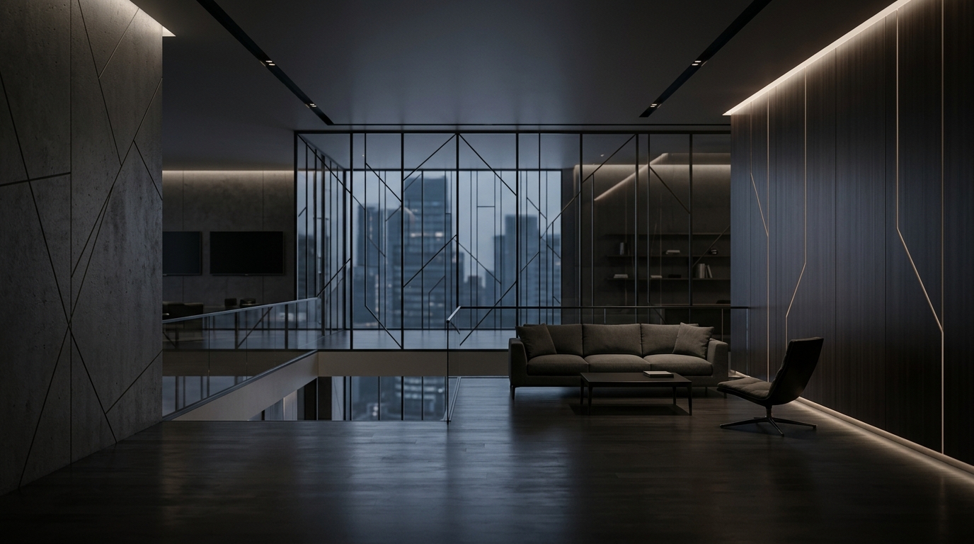 Soft photorealistic background photo of modern corporate background with subtle geometric lines and empty space, simple balanced layout, moody dark tones, dramatic lighting, 16:9 aspect ratio