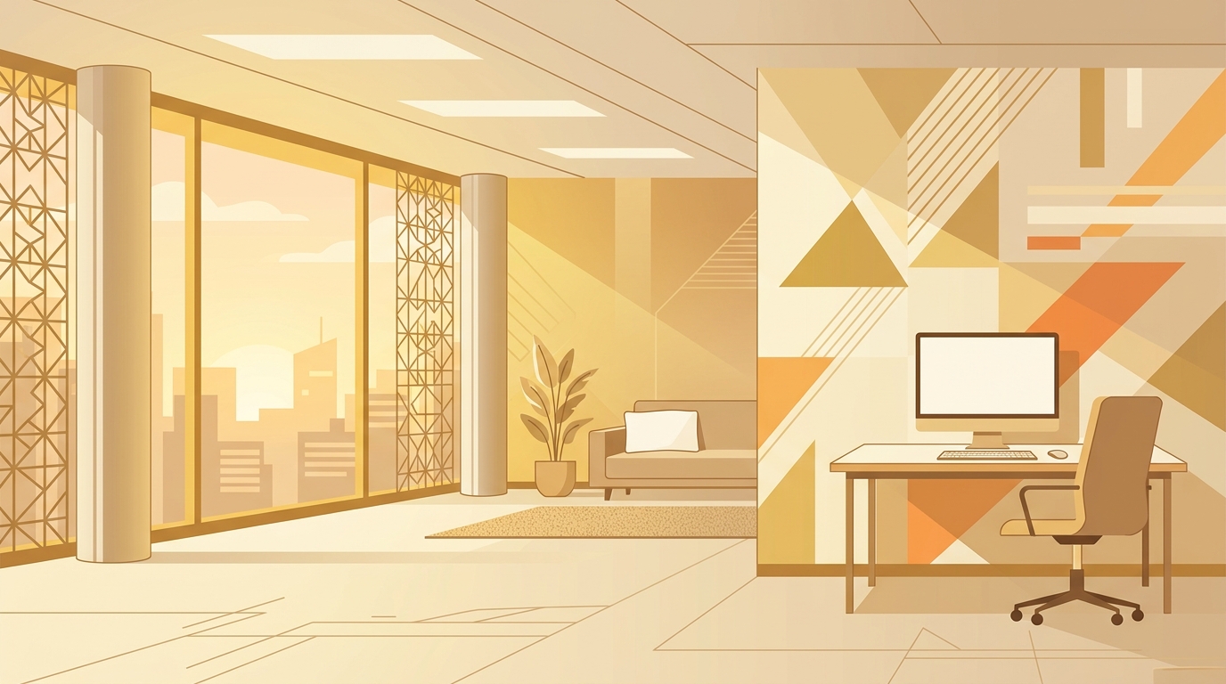 Flat vector design of modern corporate background with subtle geometric lines and empty space, simple balanced layout, warm golden light, calm mood, 16:9 aspect ratio