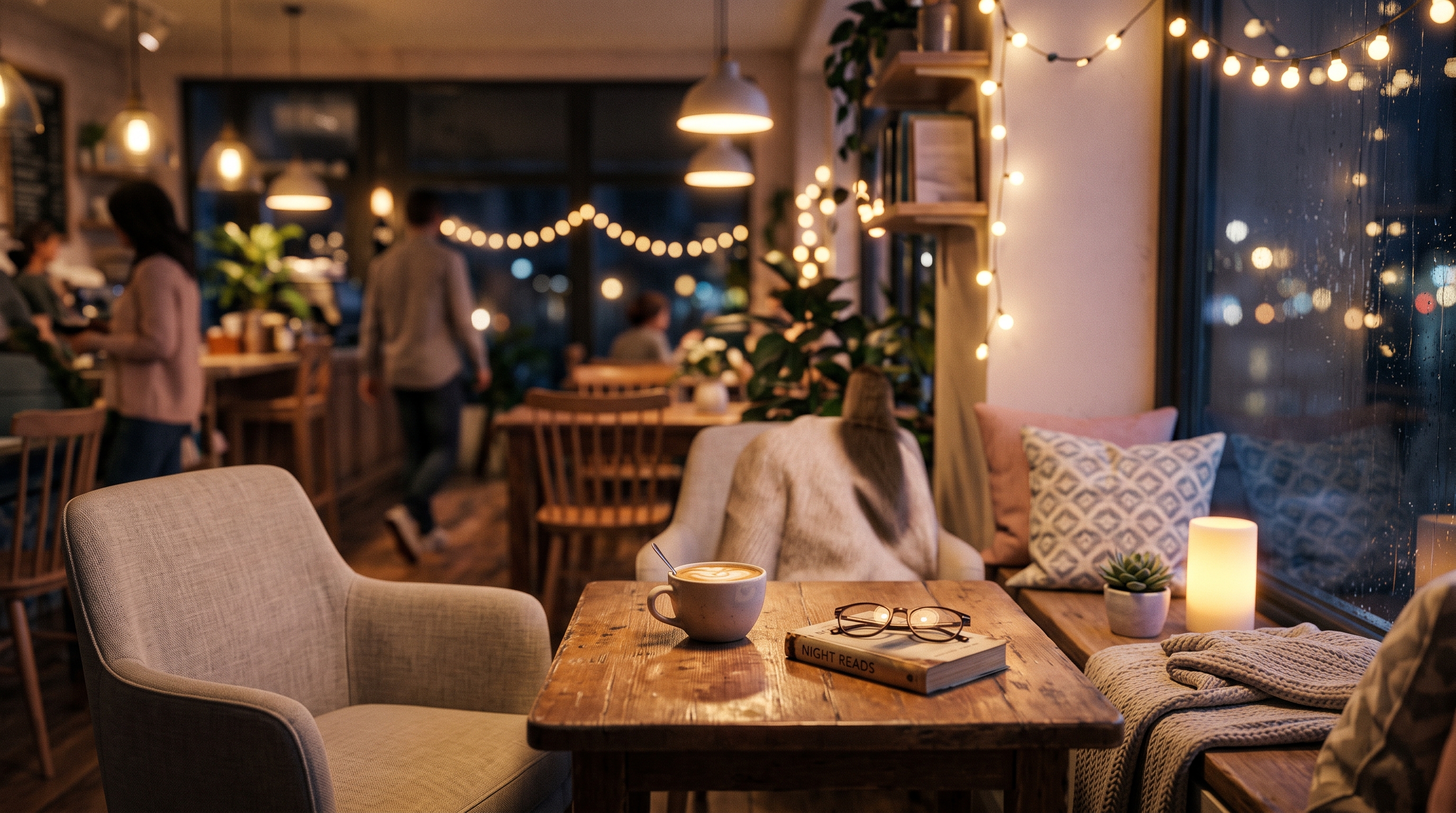Soft 3d render of quiet cafe corner with warm lights at night, close-up detail with shallow depth of field, soft pastel colors, bright and cozy, 16:9 aspect ratio