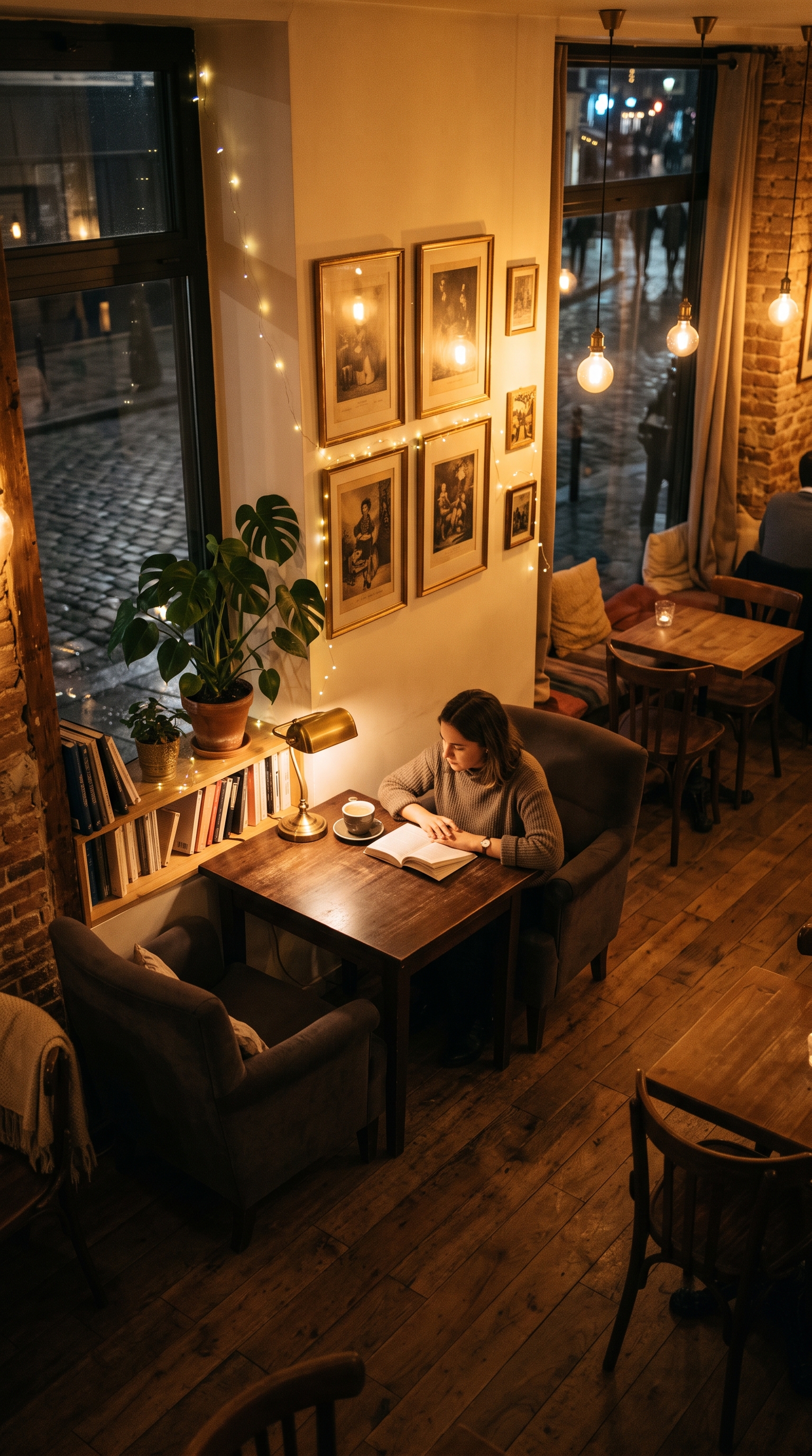Soft 3d render of quiet cafe corner with warm lights at night, high-angle view from above, warm golden light, calm mood, 9:16 aspect ratio