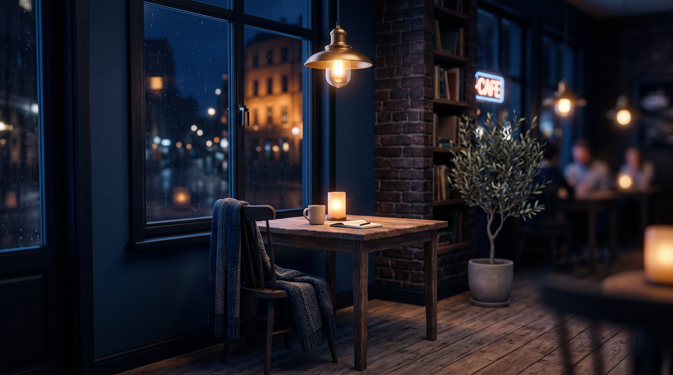 Soft 3d render of quiet cafe corner with warm lights at night, centered subject with a simple uncluttered composition, cool blue tones, quiet atmosphere, 16:9 aspect ratio