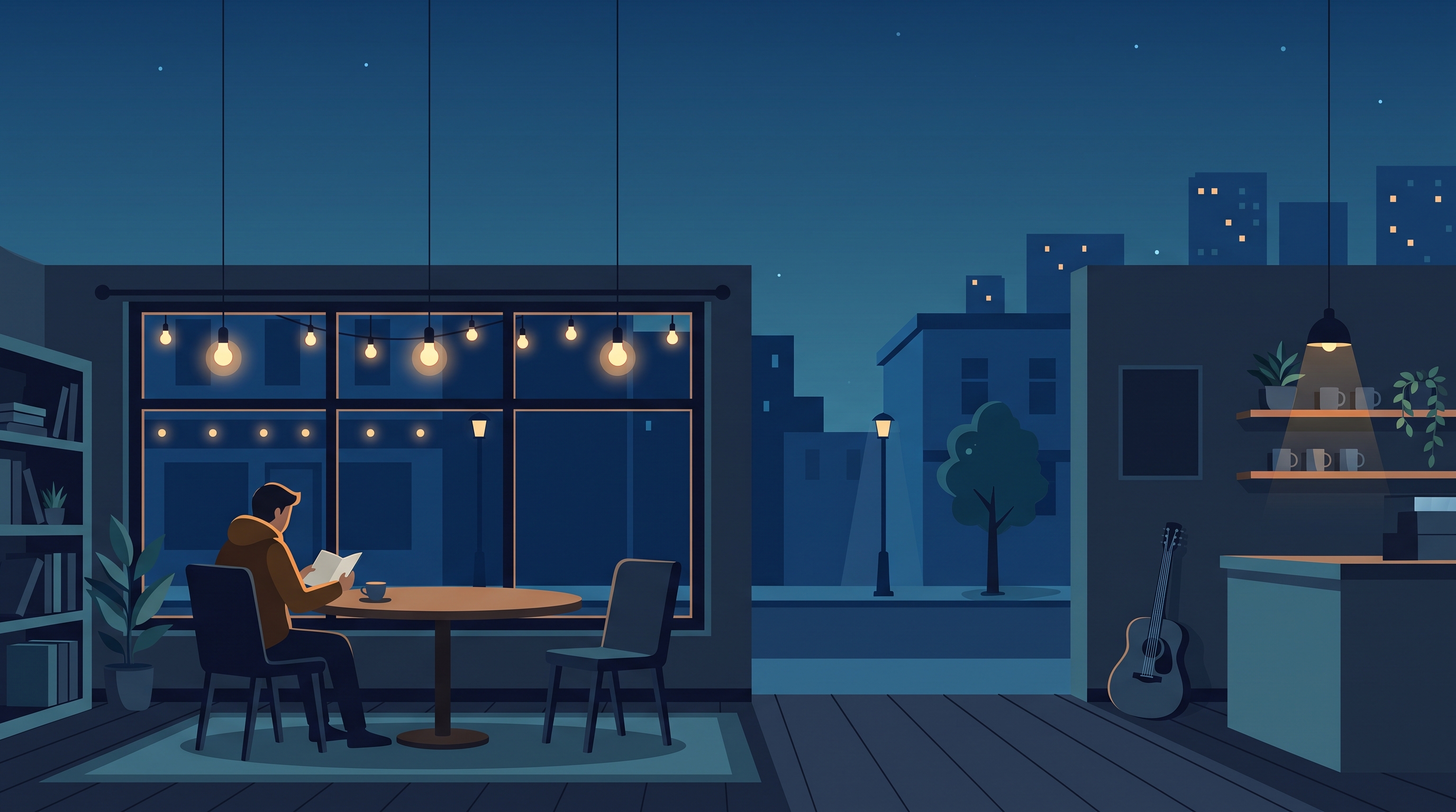 Minimal flat illustration of quiet cafe corner with warm lights at night, wide shot with open space at the top for text, cool blue tones, quiet atmosphere, 16:9 aspect ratio