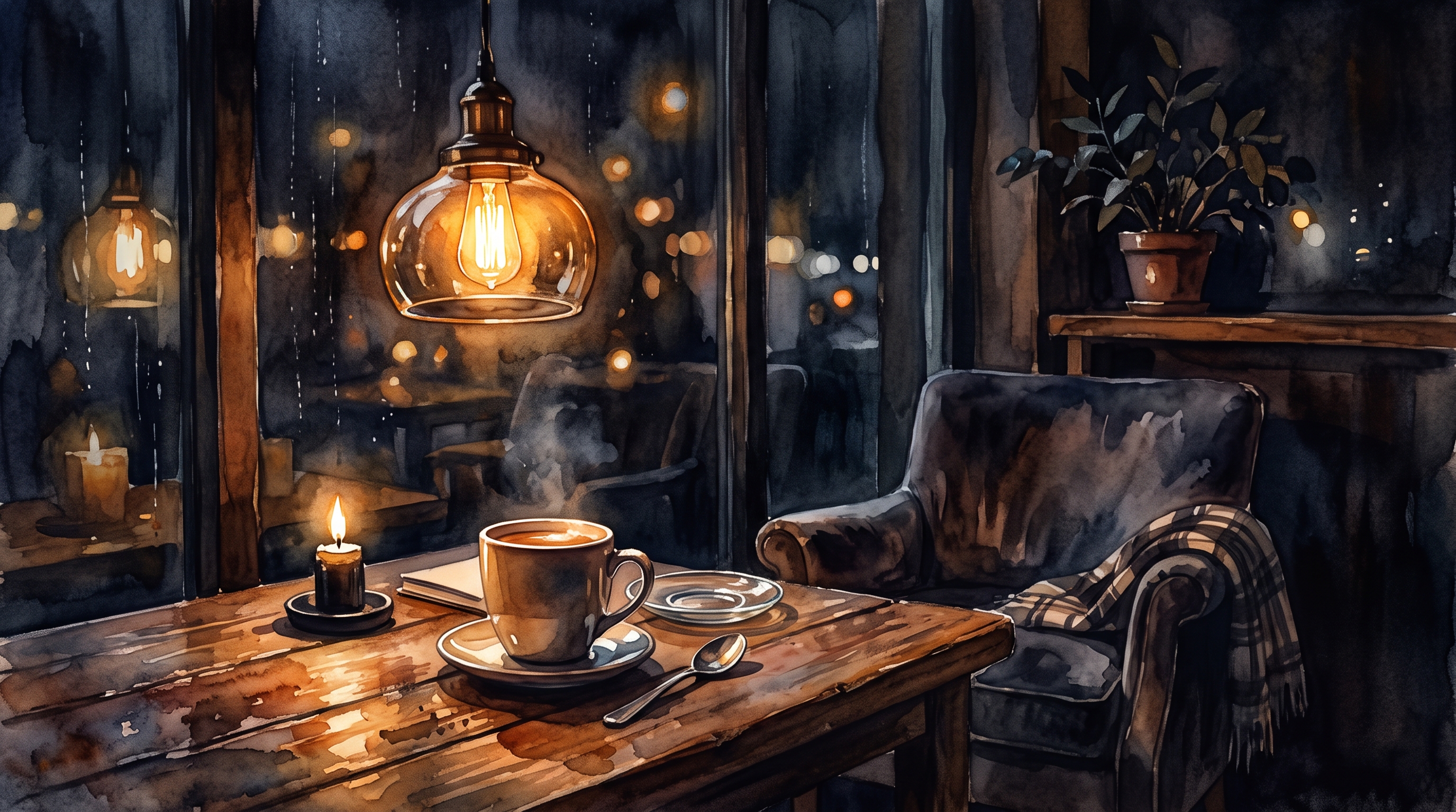 Watercolor illustration of quiet cafe corner with warm lights at night, close-up detail with shallow depth of field, moody dark tones, dramatic lighting, 16:9 aspect ratio
