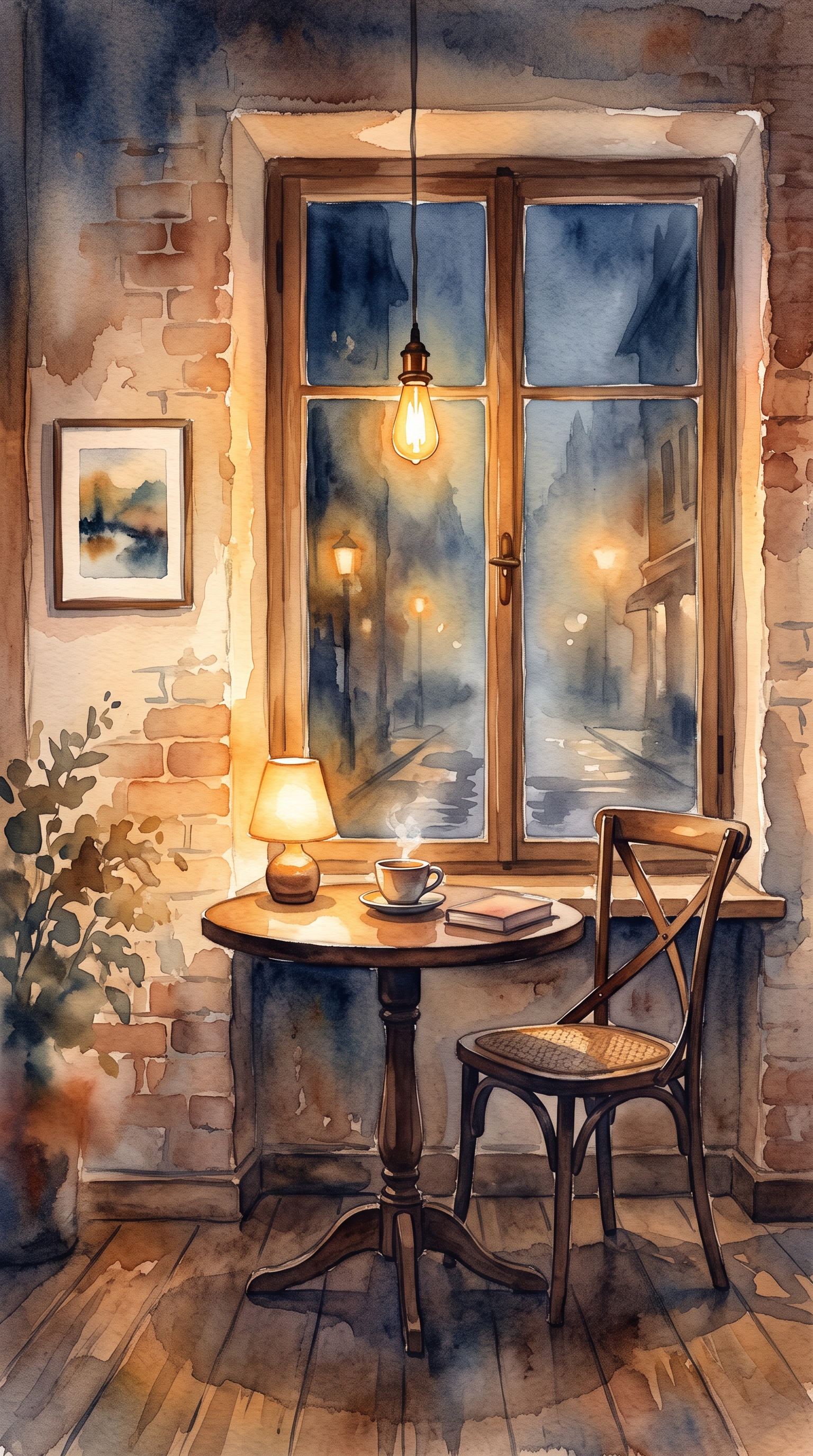 Watercolor illustration of quiet cafe corner with warm lights at night, centered subject with a simple uncluttered composition, misty morning haze, dreamy, 9:16 aspect ratio