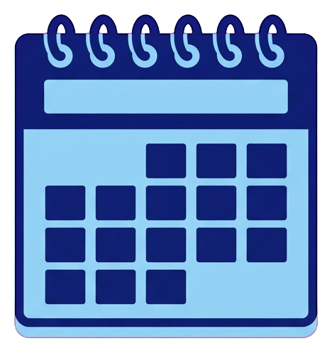 Duotone icon, navy blue and light blue of a calendar page icon, transparent background PNG