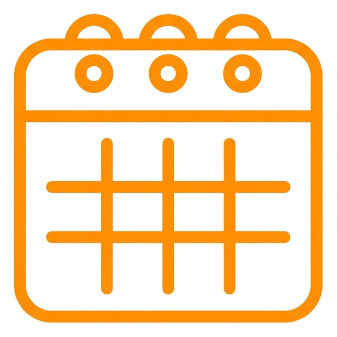 Rounded line icon, thick orange outline of a calendar page icon, transparent background PNG