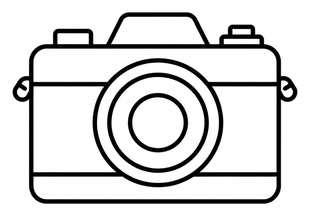 Thin black line icon, minimal outline of a photo camera icon, transparent background PNG