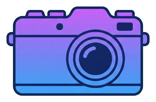 Gradient app-style icon, purple to blue gradient of a photo camera icon, transparent background PNG