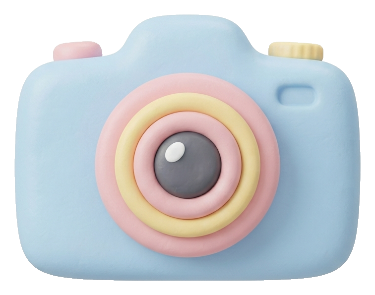 Soft 3D icon, pastel clay render of a photo camera icon, transparent background PNG