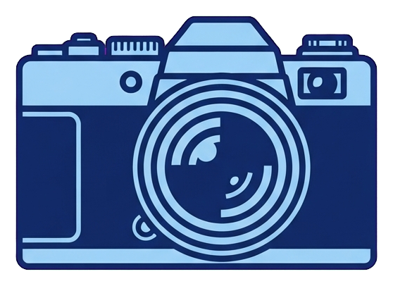 Duotone icon, navy blue and light blue of a photo camera icon, transparent background PNG