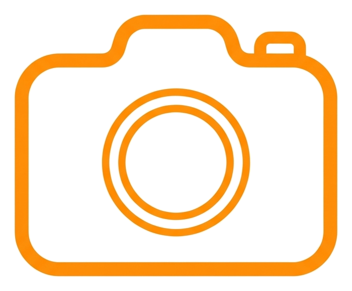 Rounded line icon, thick orange outline of a photo camera icon, transparent background PNG