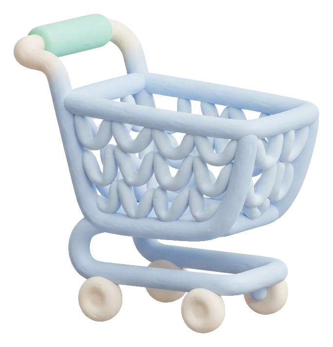 Soft 3D icon, pastel clay render of a shopping cart icon, transparent background PNG