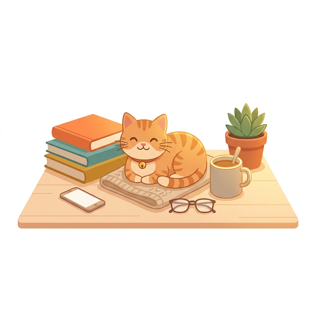 Flat vector illustration on a plain white background of a cute cat, small set of several items arranged neatly, warm golden light, calm mood, 1:1 aspect ratio