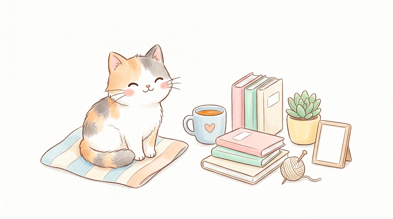 귀여운 고양이, 흰 배경 귀여운 손그림, 여러 개를 가지런히 배치, 부드러운 파스텔 색감, 밝고 포근한 분위기, 16:9 비율