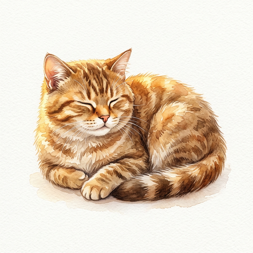 Watercolor illustration on a plain white background of a cute cat, isolated single subject, centered, warm golden light, calm mood, 1:1 aspect ratio