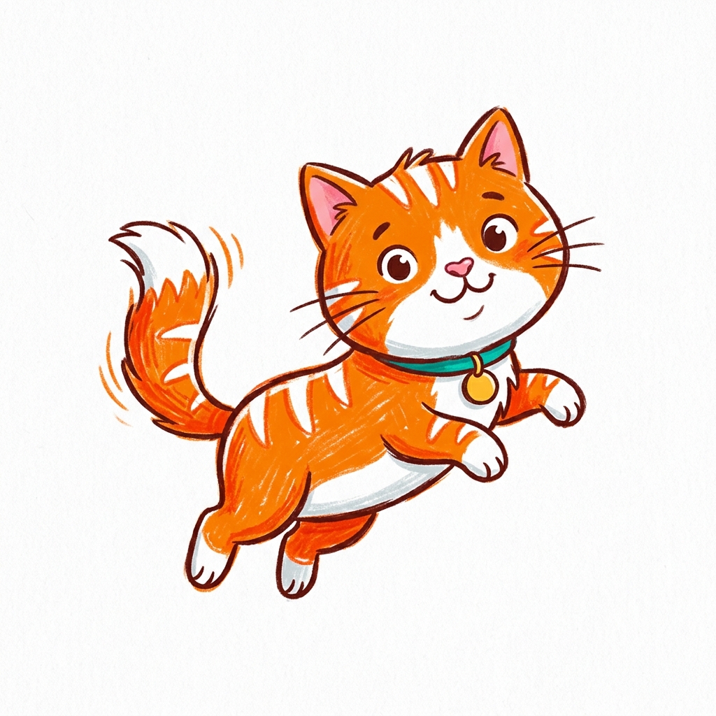 귀여운 고양이, 흰 배경 귀여운 손그림, 아이콘처럼 단순한 구도, 선명한 색감, 강한 대비, 생동감 있는 분위기, 1:1 비율