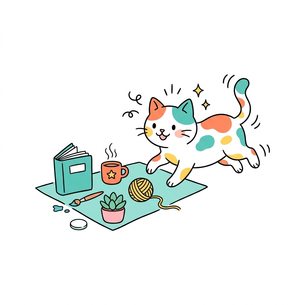 귀여운 고양이, 흰 배경 부드러운 색 선화, 여러 개를 가지런히 배치, 선명한 색감, 강한 대비, 생동감 있는 분위기, 1:1 비율