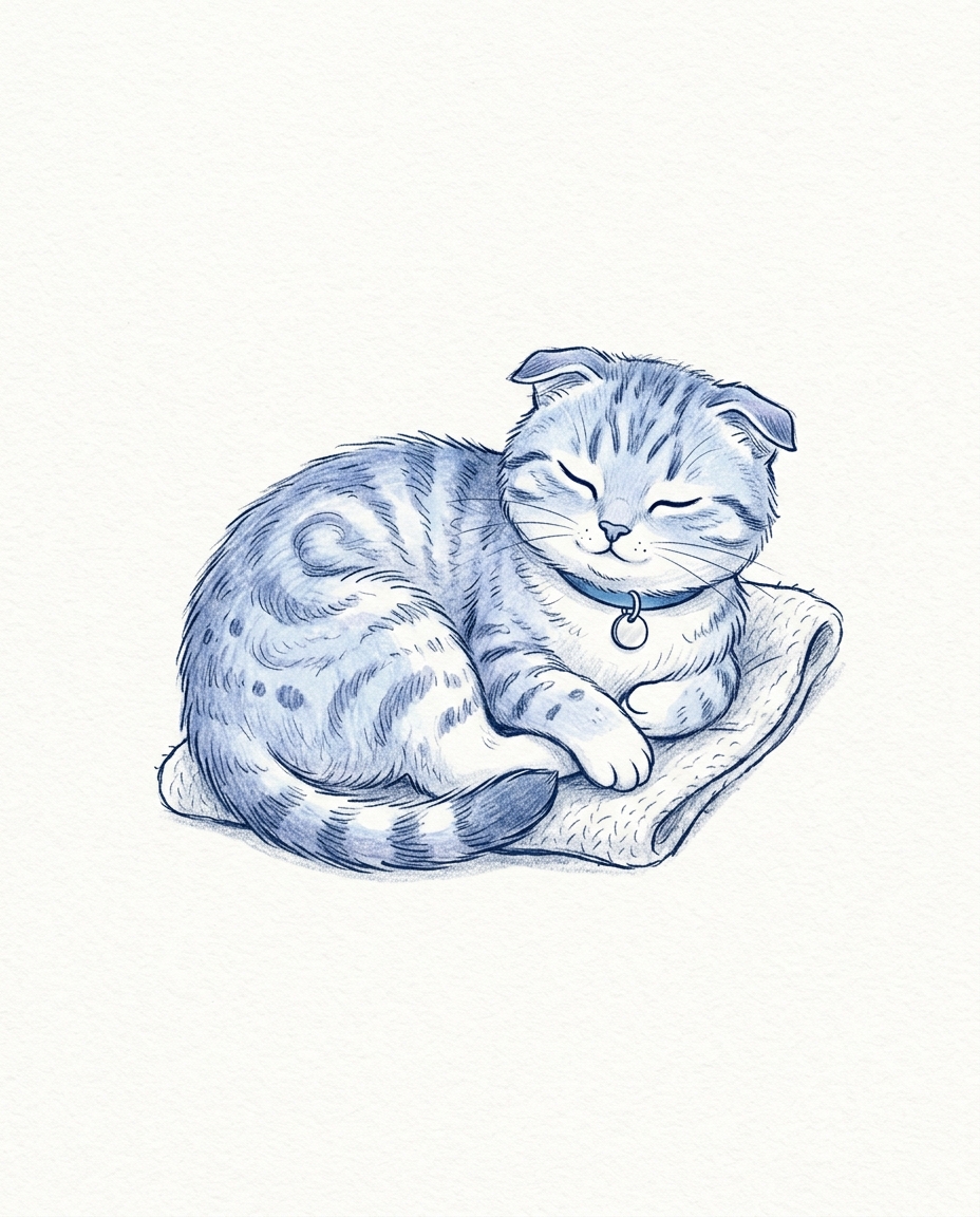 귀여운 고양이, 흰 배경 귀여운 손그림, 하나의 대상을 가운데 배치, 차가운 푸른 톤, 고요한 분위기, 4:5 비율