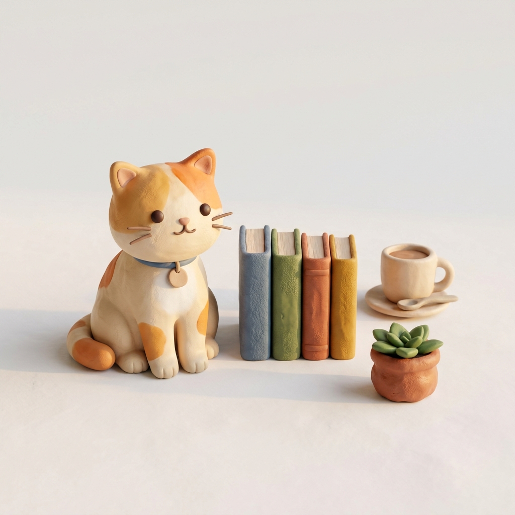 3d clay style illustration on a plain white background of a cute cat, small set of several items arranged neatly, warm golden light, calm mood, 1:1 aspect ratio