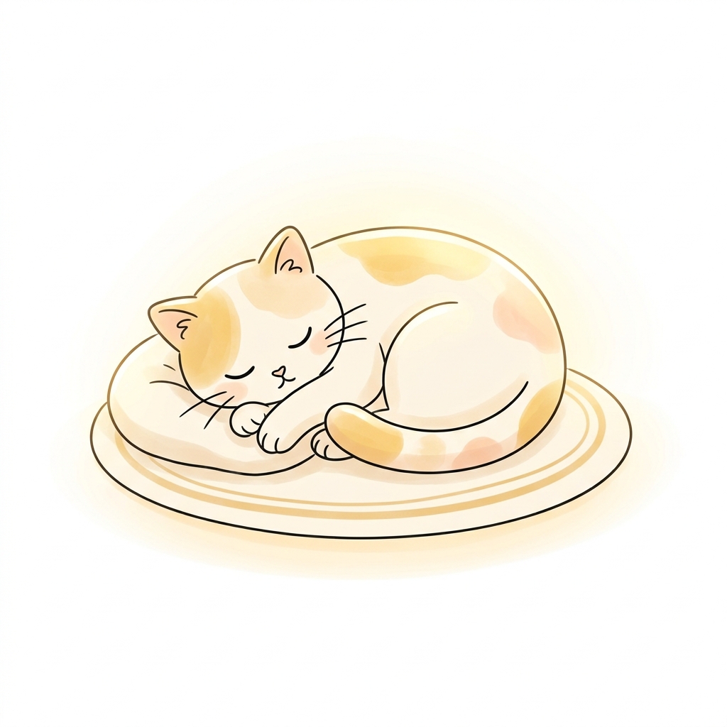 귀여운 고양이, 흰 배경 부드러운 색 선화, 아이콘처럼 단순한 구도, 따뜻한 황금빛, 차분한 분위기, 1:1 비율