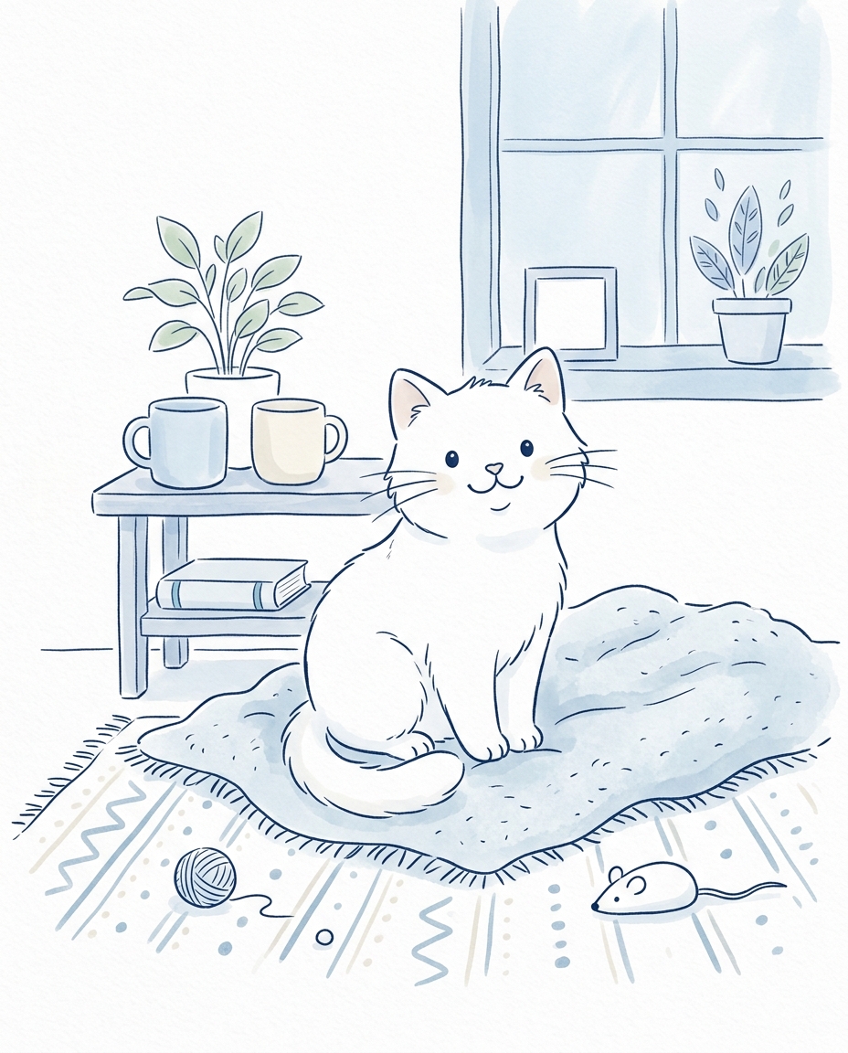 귀여운 고양이, 흰 배경 부드러운 색 선화, 밝은 장면과 부드러운 디테일, 차가운 푸른 톤, 고요한 분위기, 4:5 비율