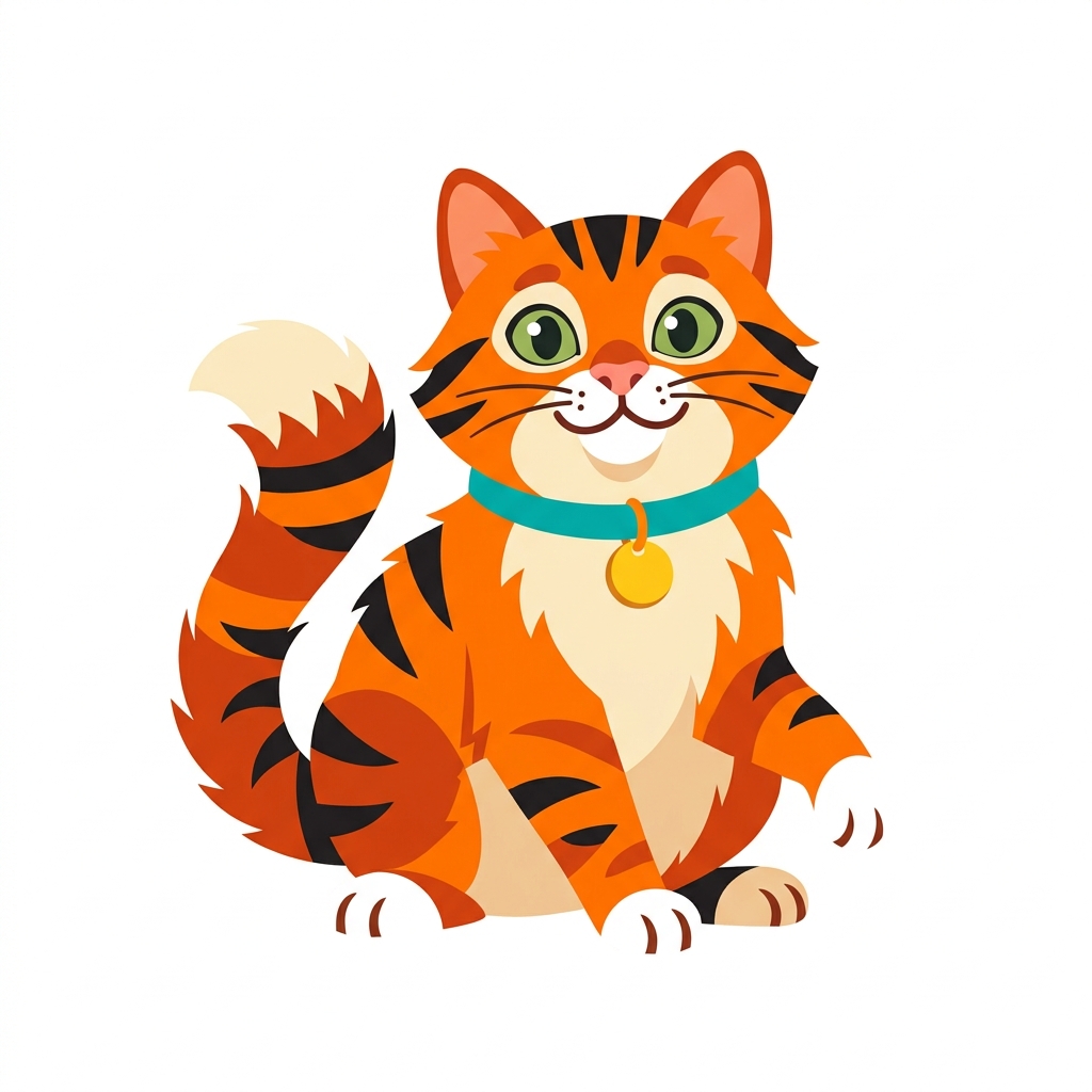 Flat vector illustration on a plain white background of a cute cat, isolated single subject, centered, vivid colors, high contrast, energetic, 1:1 aspect ratio