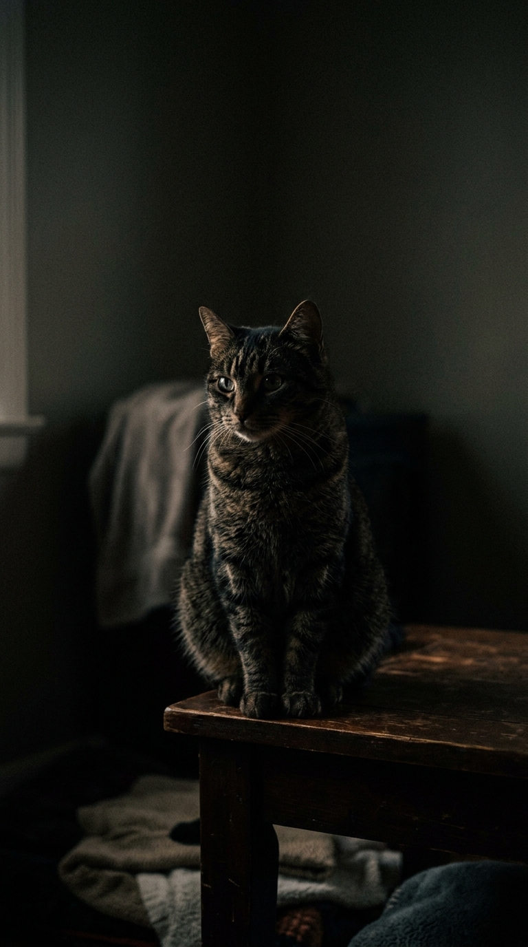 Cinematic film still of cat, centered subject with a simple uncluttered composition, moody dark tones, dramatic lighting, 9:16 aspect ratio