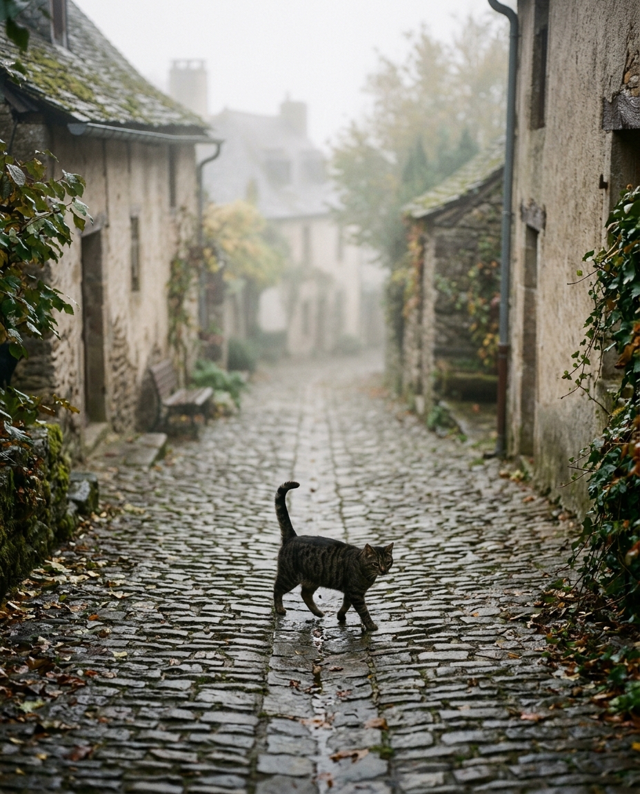 Cinematic film still of cat, high-angle view from above, misty morning haze, dreamy, 4:5 aspect ratio